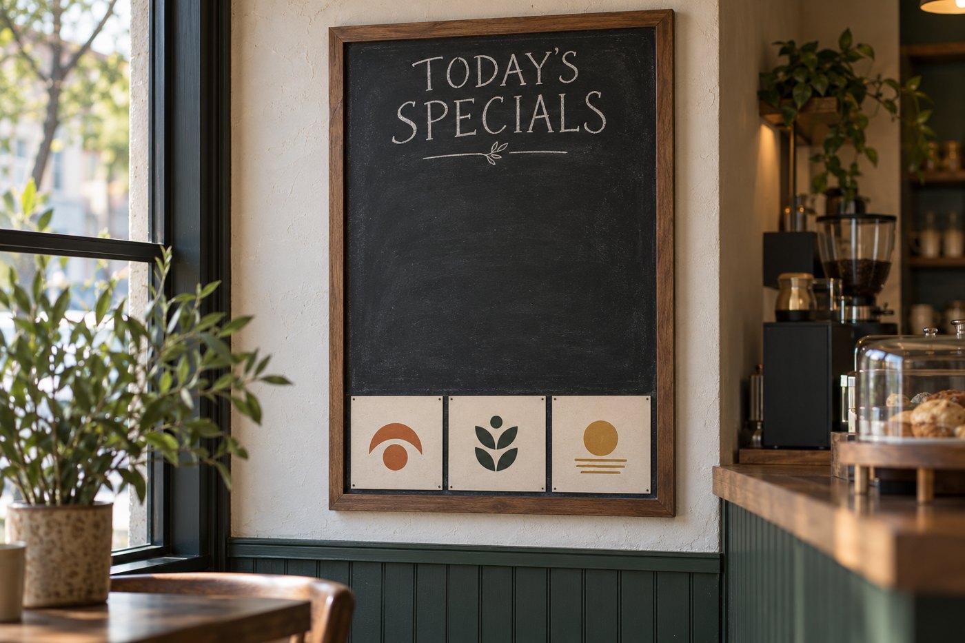 Sample chalkboard advertising display inside a neighborhood café, with a menu area and three local business ad panels